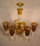 Bohemian Cut Overlay Amber and Clear Decanter & Aperitif Glasses