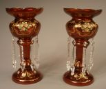 Pair c1880 Bohemian Glass Ruby Enameled & Gilded Mantle Luster's
