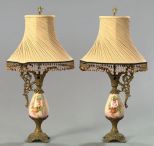 Tall Pair of Continental Gilt-Spelter-Mounted Porcelain Garniture Ewers
