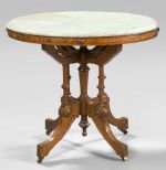 American Walnut, Burl Walnut and Marble-Top Center Table