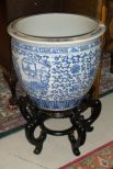 Chinese Blue & White Jardiniere on Teak Stand