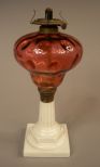 c1870 Atterbury Cranberry & Milk Glass Oil Lamp
