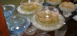 Collection of Depression Glass including, Blue, Pink, and Yellow Varieties, Serving Tray, Cup, Blue Bowl, Pink Tray, 6 Plates
