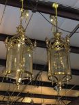 Pair of Brass Light Fixtures with Etched Glass