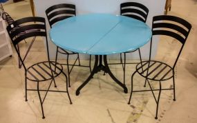 Turquoise Wood Top Iron Base Table & Four Metal Chairs