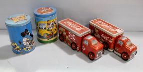 Two Looney Tunes Tins & Two Tin Coke Trucks