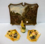 Antique Art Relief of Village, Pair Chalkware Fruit Plaques & Chalkware Bird