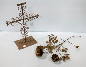 Metal Cross on Stand & Metal Art Piece of Roses