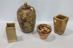 Covered Pottery Jar & Pottery Vases