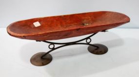 Red Wood Dough Bowl on Metal Stand