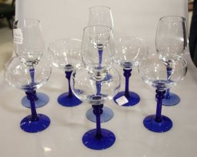 Four Light Blue Stem Glasses & Five Cobalt Stem Glasses