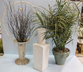 Wicker Flower Basket & Large White Porcelain Vase