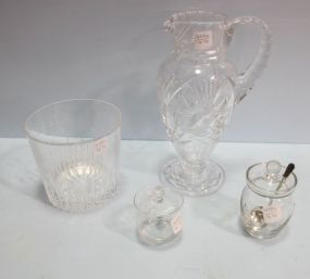 Cut Glass Pitcher, Etched Ice Bucket & Two Condiment Jars