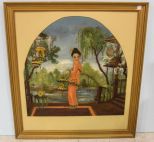 Oil Painting of Oriental Maiden with Raised Wood Painted Lanterns