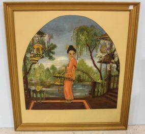 Oil Painting of Oriental Maiden with Raised Wood Painted Lanterns