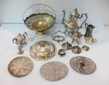 Silverplate Tea Set, Basket, Lids & Trivet