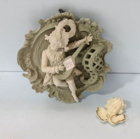 Porcelain Wall Plaque of Boy with Mandolin & Small Angel Head Plaque