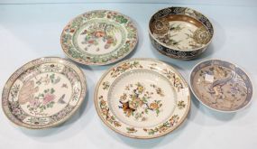 Three Painted Oriental Design Plates & Two Bowls