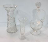 Large Cut Glass Vase, Etched Glass Bud Vase & Decanter