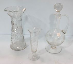 Large Cut Glass Vase, Etched Glass Bud Vase & Decanter