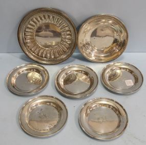 Six Monogrammed Sterling Plates & Two Possibly Nickel Dishes