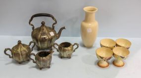 Five Piece Plated Tea Set, Four Dessert Cups & Ceramic Vase