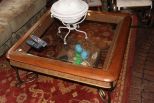 Glass Insert Wicker and Iron Coffee Table