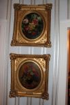 Pair of Floral Paintings in Gold Gilt Oval Frames