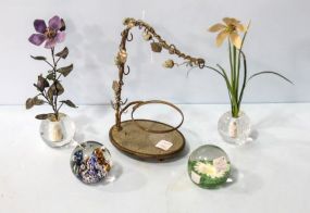 Two Paperweights, Two Clear Vases with Flowers & Metal Holder
