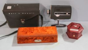 Needlepoint Clutch Purse, Two Small Jewelry Boxes & Bell and Howell Camera