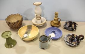 Five Pottery Candle Holders, Three Pottery Bowls & Small Mug