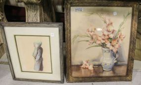 Framed Watercolor of Flowers by Brettle & Drawing of Boy