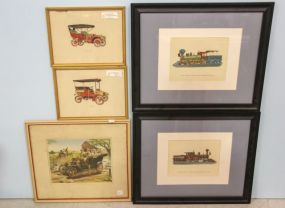 Two Framed Train Pictures & Three Framed Car Prints