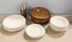 Eight Wooden Bowls, Set of White Ironstone China & Martini Mixer