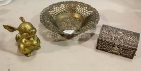 Brass Rabbit, Brass Bowl & Silvertone Treasure Chest
