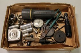 Box of Sockets, Gauge, Wrenches and Tape Measure