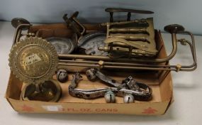 Box of Brass Towel Bars, Ashtrays, Flower & Sleigh Bells