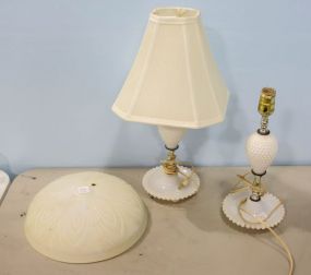 Two Milk Glass Lamps & Ceiling Shade Fixture