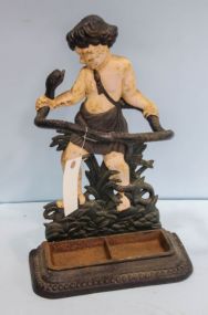 Cast Iron Umbrella Stand of Boy Holding A Snake