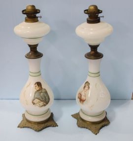 English Bristol Glass Lamps with Portraits of Napoleon and Josephine