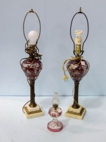 Pair of Vintage Cut Cranberry Lamps on Marble Bases & Miniature Oil Lamp