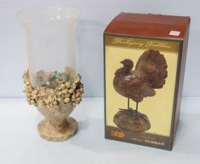 Cracker Barrel Mosaic Turkey & Glass Vase with Small Glass Balls