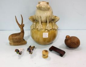 Small Cloisonne Birds, Pottery Frog, Small Carved Bird & Deer