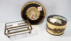 Small Glass Display, Covered Tin Box & Madonna Plate