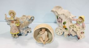 Porcelain Figurine of Girl and Cart & Two Small Bisque Figurines