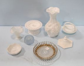 Milk Glass Vases, Candlestick, Small Basket, Blue Dish & Bowl