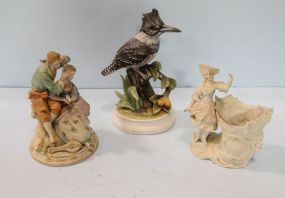 Porcelain Belted Kingfisher, Bisque Vase & Bisque Figurine of Couple