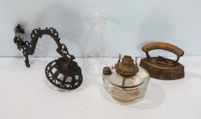 Original Oil Lamp with Wall Bracket & Old Iron