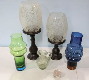 Color Glass Vases, Pitcher & Two Candle Stands with Etched Shades