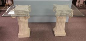 Glass Top Dining Table with Two Corinthian Columned Plaster Bases